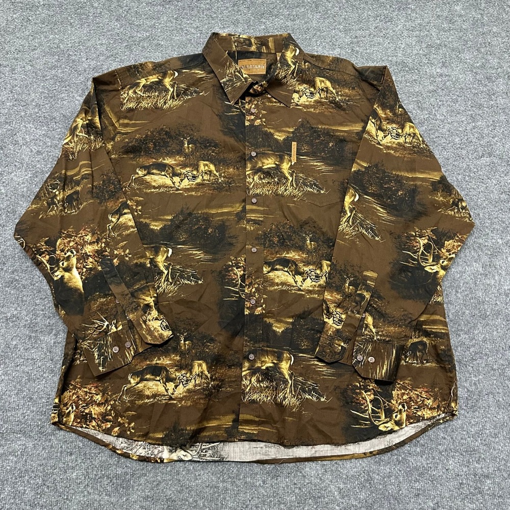 Magellan Button Down Mens Size XXXL Brown Deer Wildlife Print Cotton Long Sleeve